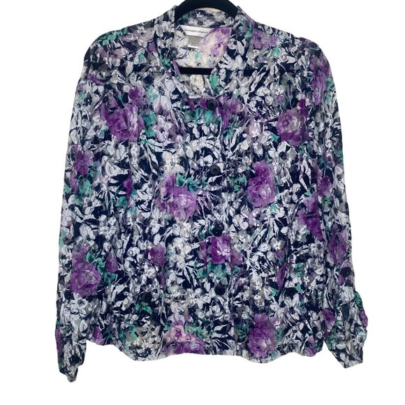 Christopher & Banks Button Up Sheer Top  Womens L Floral Purple Lightweight Fall - Picture 1 of 10